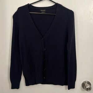 Navy Cardigan with Tan Suede Elbow Patches